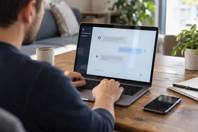 Personne utilisant un assistant conversationnel sur un ordinateur portable.