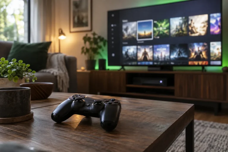 Manette de jeu posée devant un écran dans un salon.
