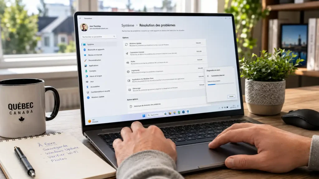 Dépannage Windows 11 sur un ordinateur portable dans un espace de travail moderne au Québec