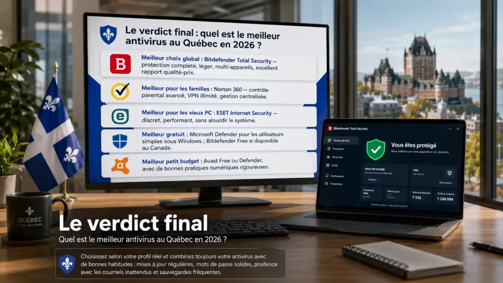 Le verdict final du meilleur antivirus au Québec en 2026 avec comparatif Bitdefender, Norton, ESET, Microsoft Defender et Avast sur PC et Mac.