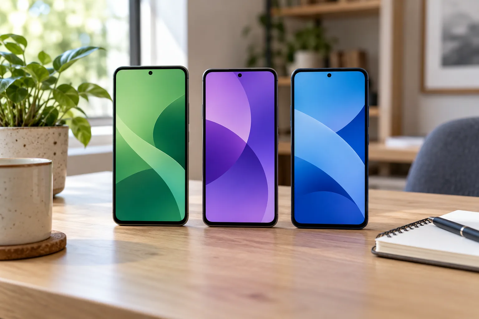 Trois téléphones mobiles côte à côte sur un bureau pour comparer les forfaits.
