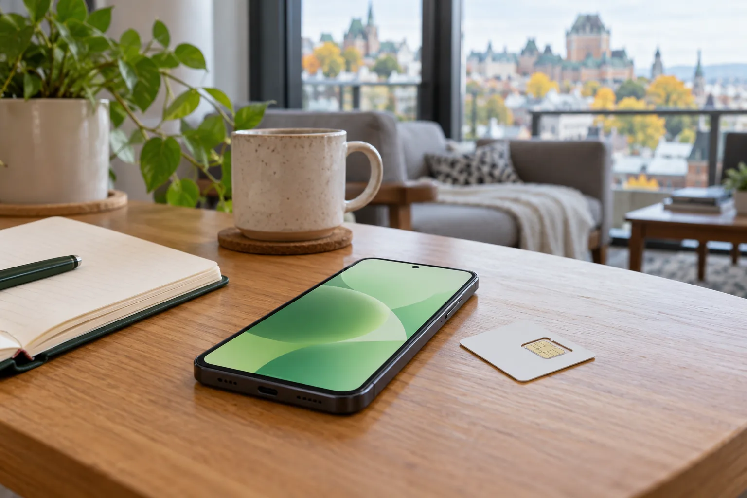 Téléphone mobile et carte SIM sur un bureau pour comparer les forfaits.