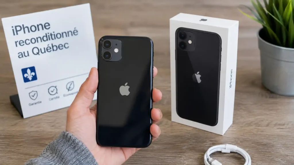 iPhone reconditionné au Québec avec boîte, câble et garantie certifiée, guide d’achat 2026 pour éviter les arnaques et comparer les meilleurs prix.