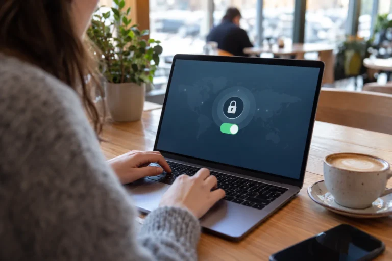 Personne utilisant un ordinateur portable dans un café.