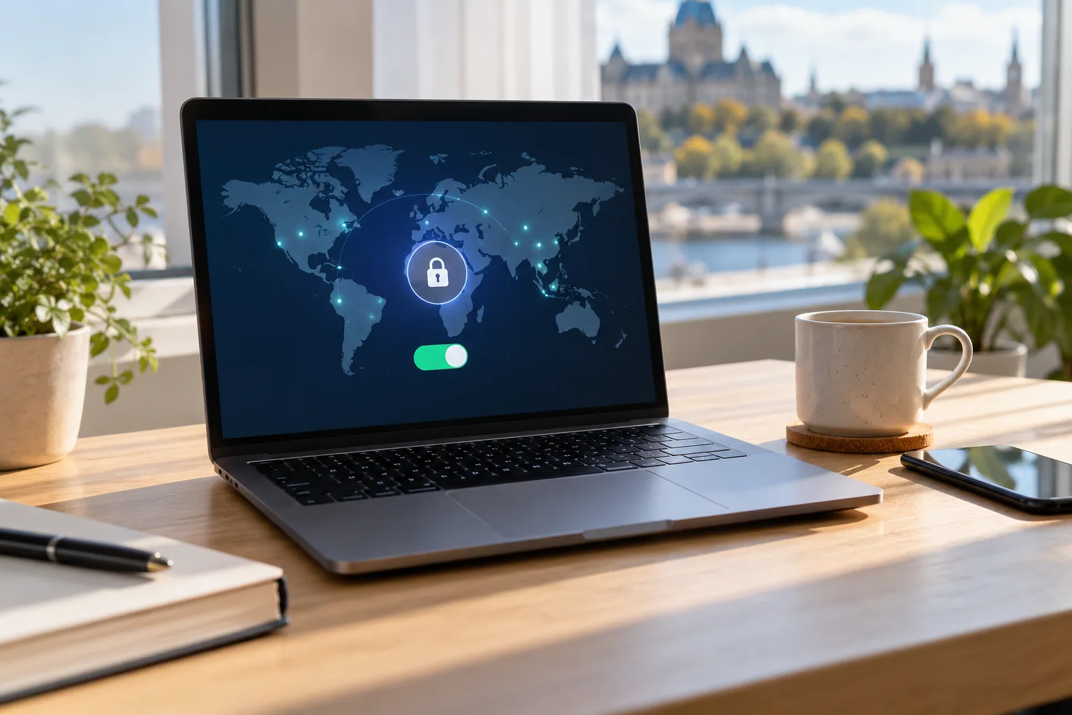 Ordinateur portable connecté à un service VPN dans un espace de travail.