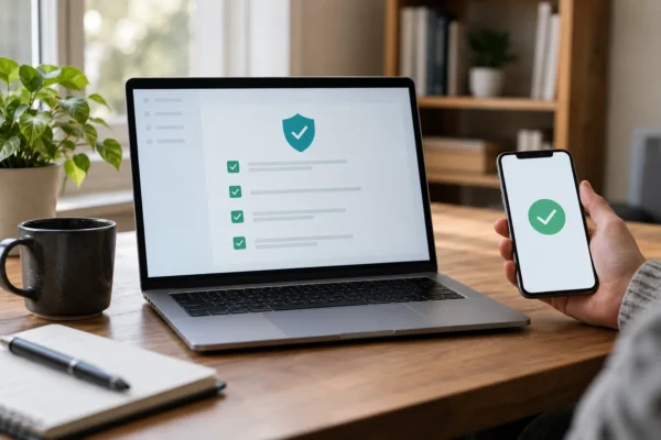 Ordinateur et téléphone sur un bureau pour sécuriser ses comptes.