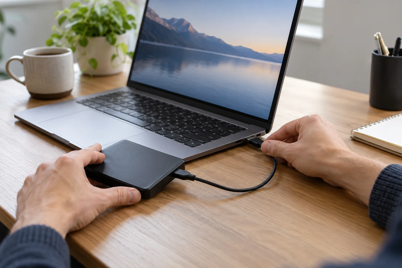 Ordinateur portable et disque externe sur un bureau avant une réinitialisation.
