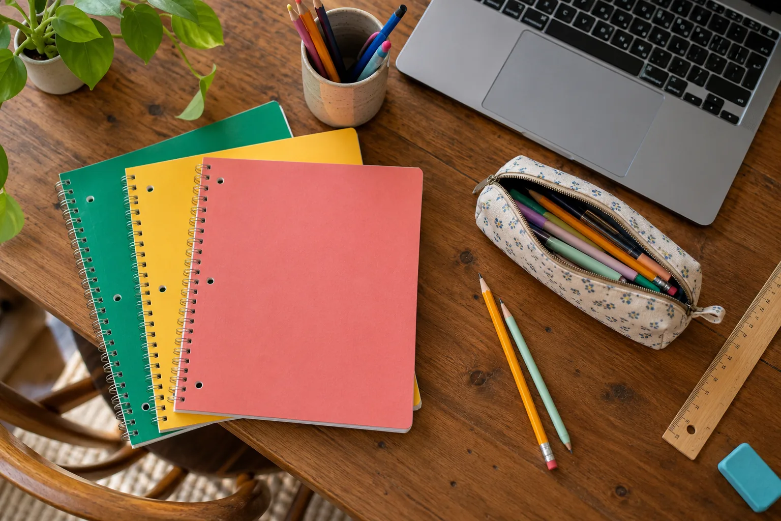 Cahiers, trousse, crayons et ordinateur portable sur une table.