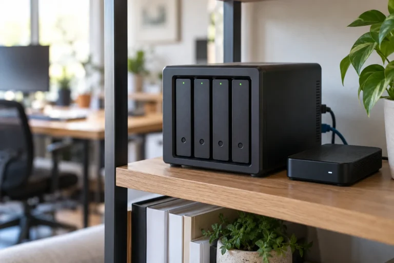 Serveur NAS domestique à quatre baies relié au réseau sur une étagère.