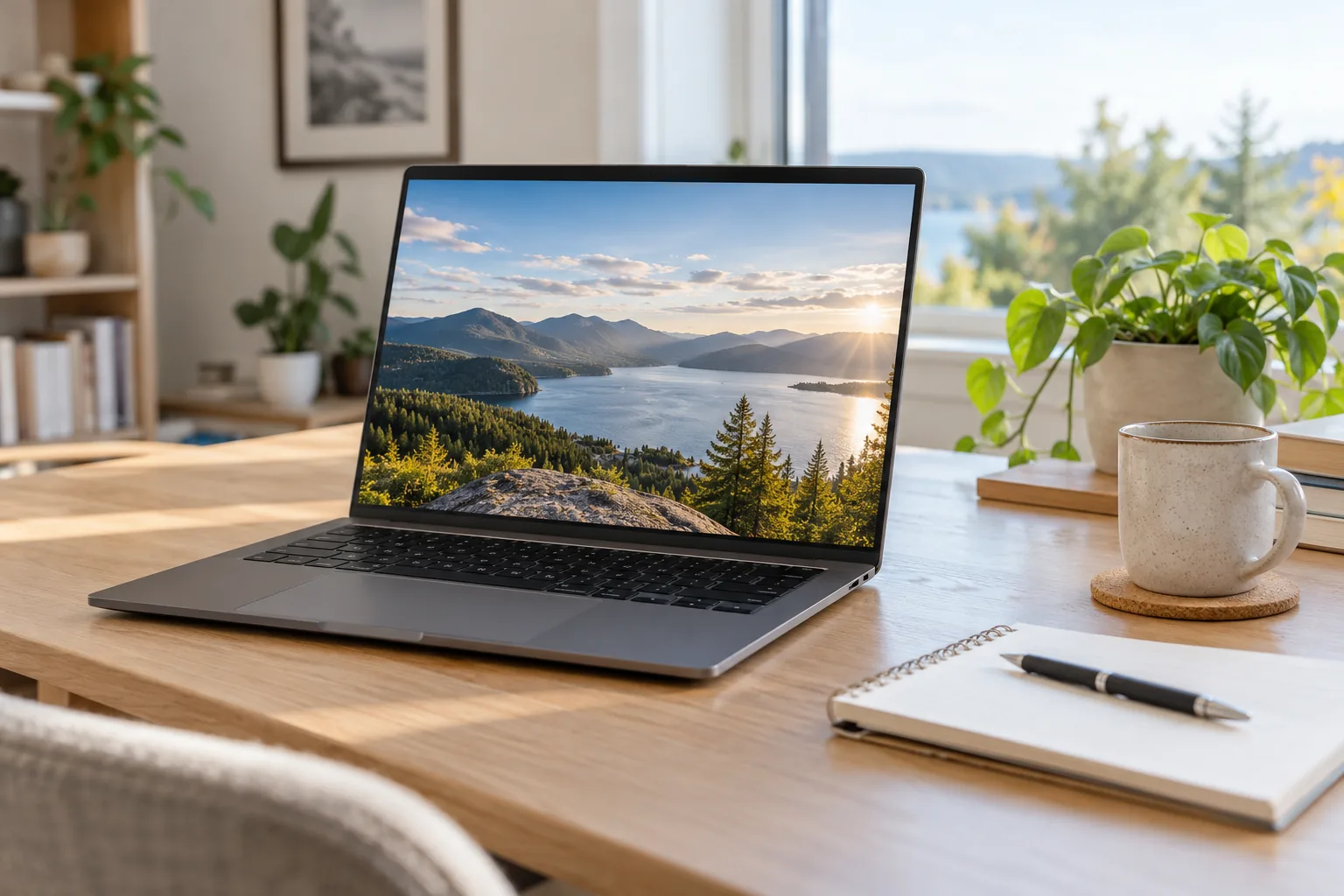 Ordinateur portable ouvert sur un bureau lumineux.