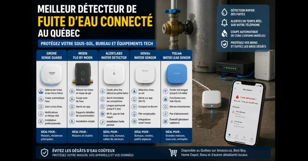 Meilleur détecteur de fuite d'eau connecté au Québec : protéger sous-sol, bureau et équipements tech