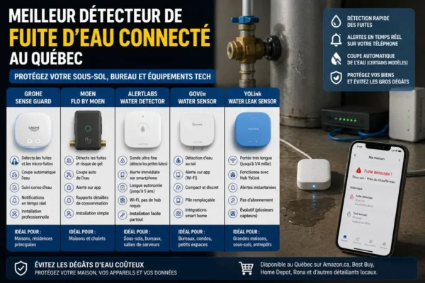 Meilleur détecteur de fuite d'eau connecté au Québec : protéger sous-sol, bureau et équipements tech