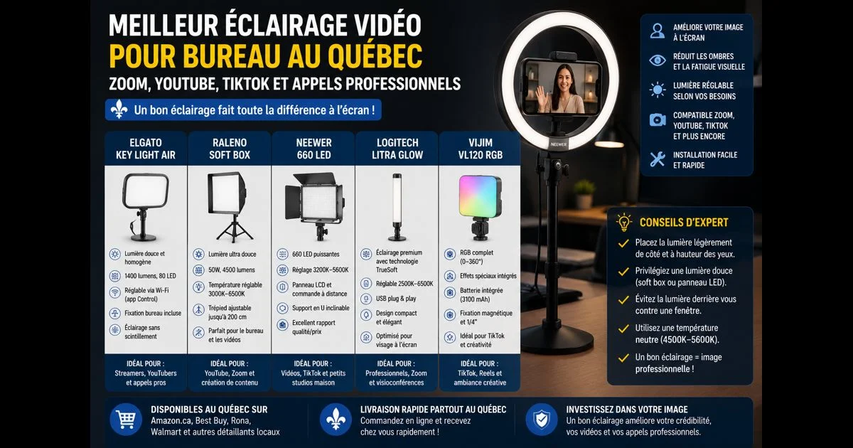 Meilleur éclairage vidéo pour bureau au Québec : Zoom, YouTube, TikTok et appels professionnels