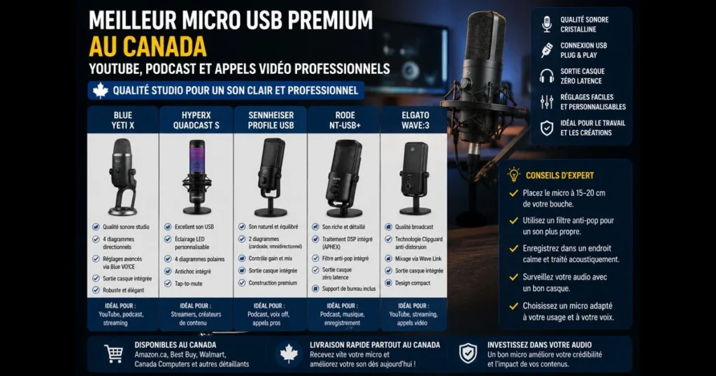 Meilleur micro streaming 2026 Quebec : Elgato Wave 3, Shure MV7 et Samson Q2U compares