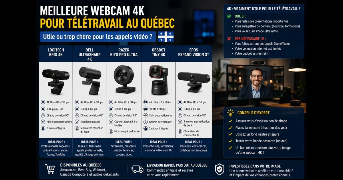 Meilleure webcam 4K pour télétravail au Québec : utile ou trop chère pour les appels vidéo ?