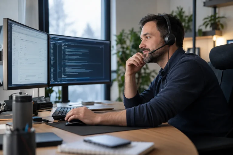 Technicien avec casque au travail devant deux écrans.