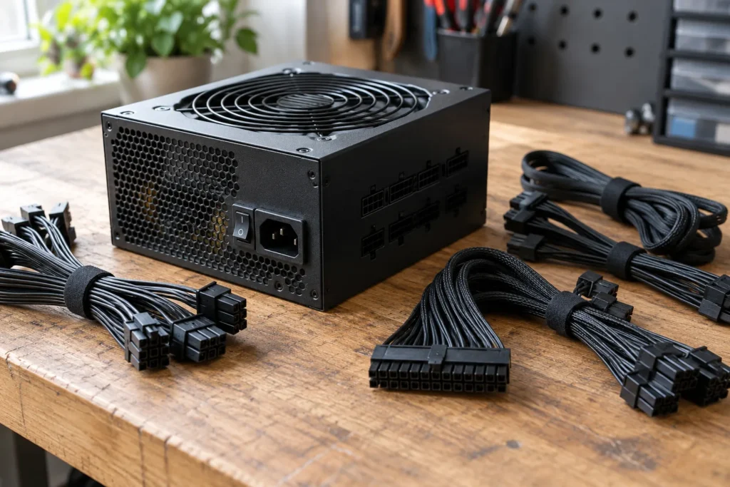 Bloc d’alimentation modulaire pour PC avec câbles et grille de ventilation.