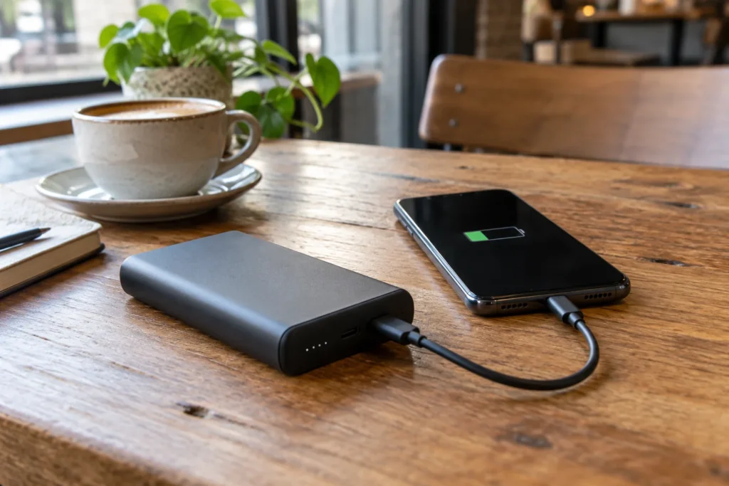 Batterie externe USB-C rechargeant un téléphone sur une table.