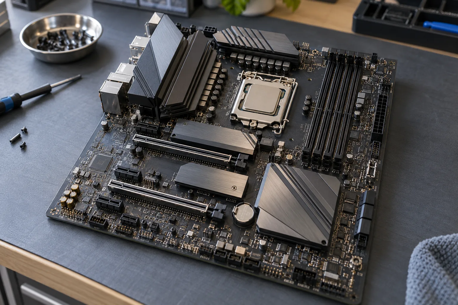 Carte mère ATX avec emplacements mémoire, socket processeur et connecteurs PCIe sur un établi.