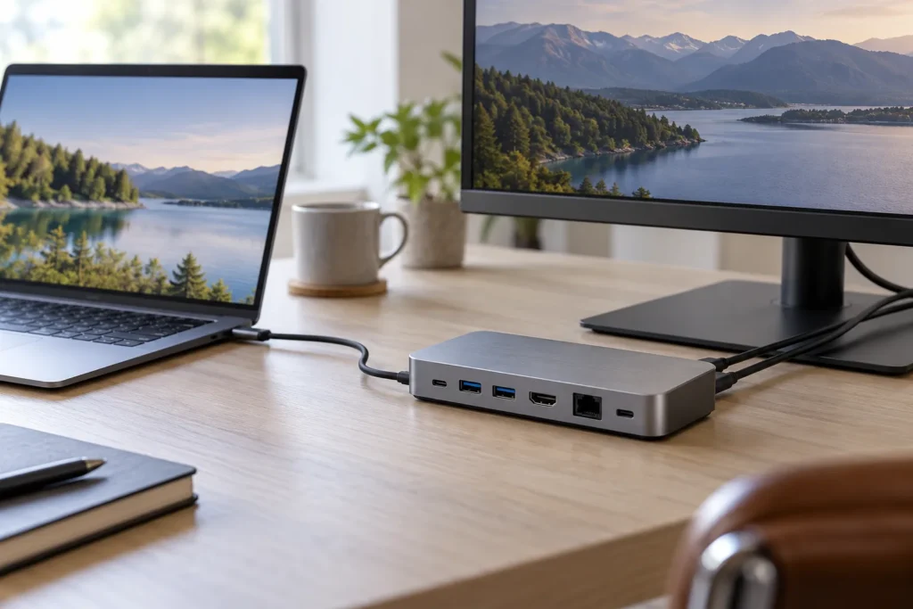 Station d’accueil USB-C reliée à un ordinateur portable et à un écran sur un bureau.