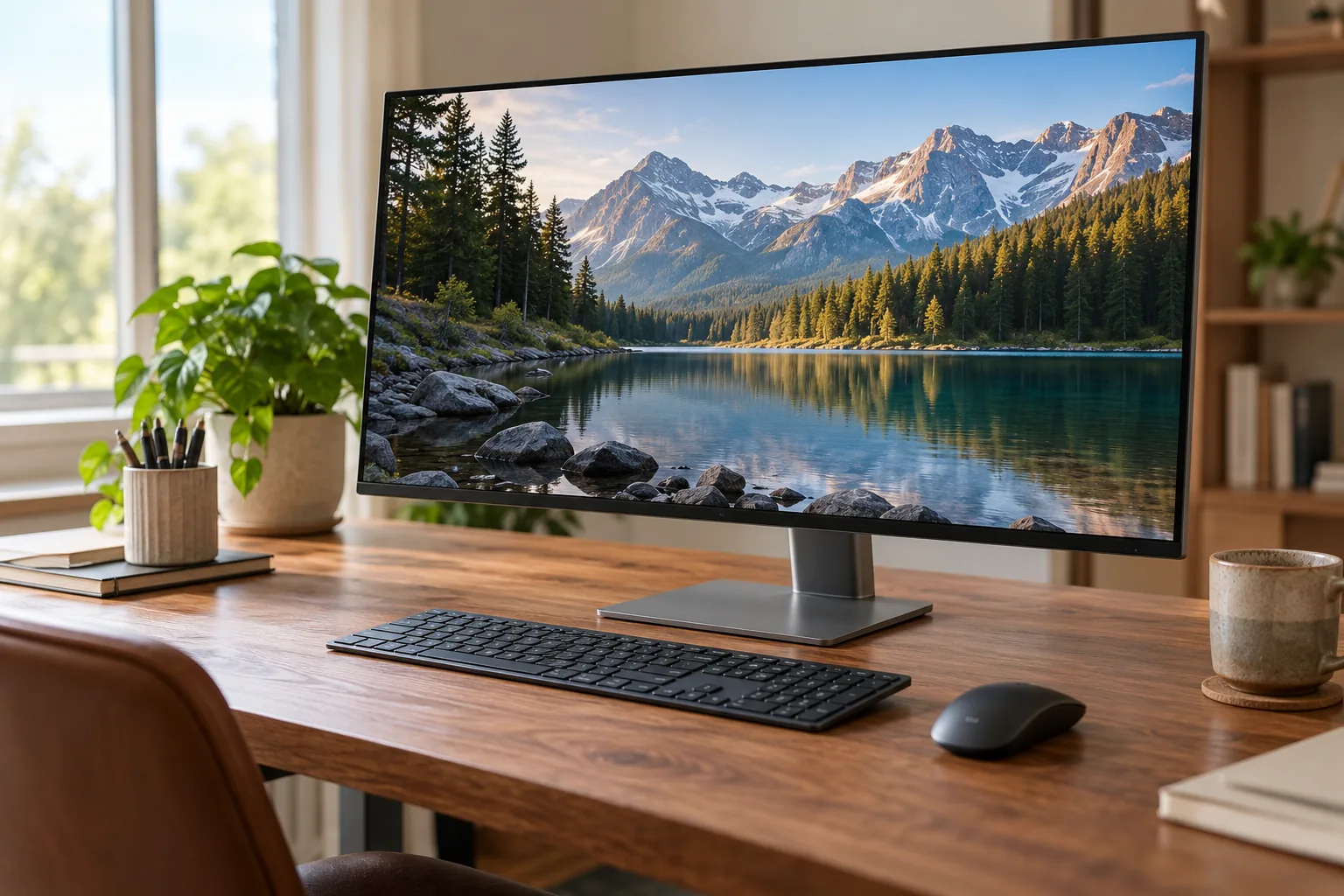 Moniteur PC à bordures fines avec clavier et souris dans un bureau lumineux.