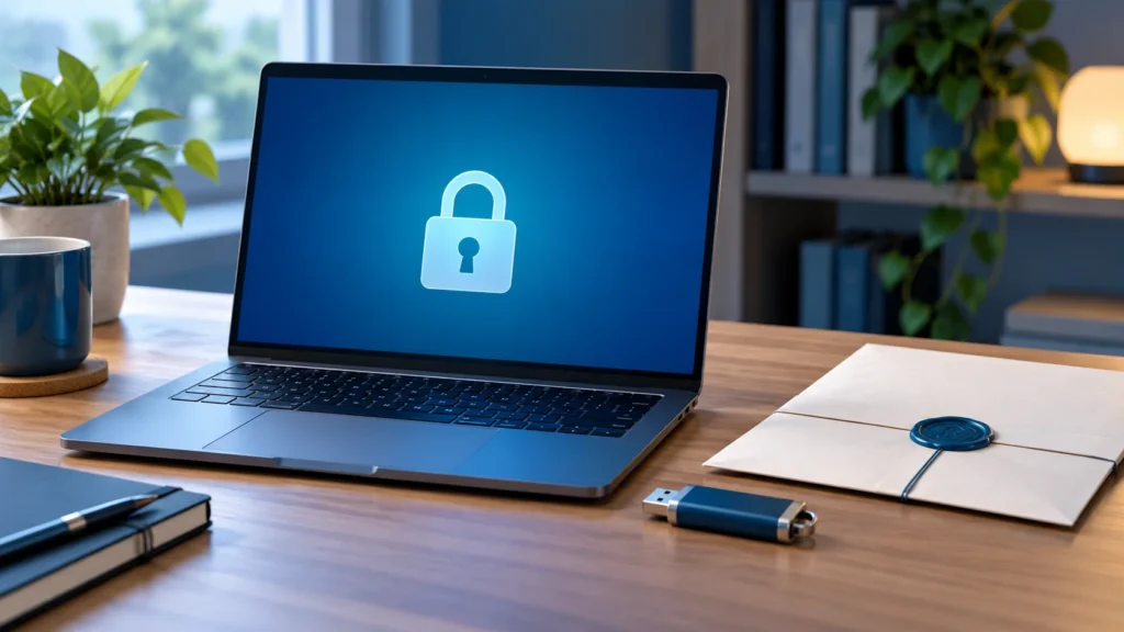 Illustration d’un portable avec un symbole de cadenas, d’une clé USB et d’un document de récupération protégé.