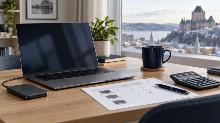Illustration d’un ordinateur portable, d’un SSD et d’une fiche de comparaison de prix sur un bureau au Québec.
